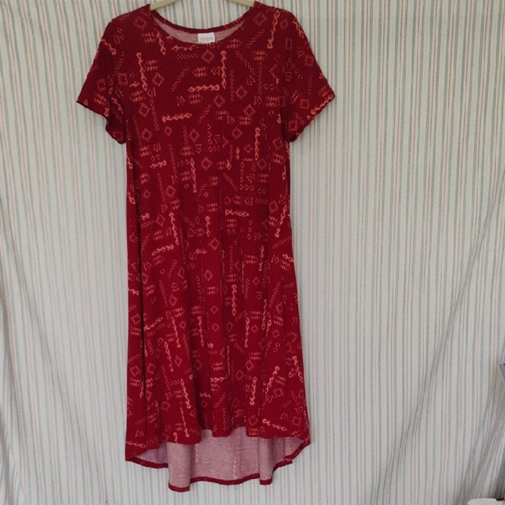LuLaRoe Red High Low Dress With Light Orange Geometric Designs  M